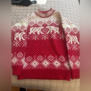 Skjaeveland Norwegian Wool Red and White Patterned Men's Sweater